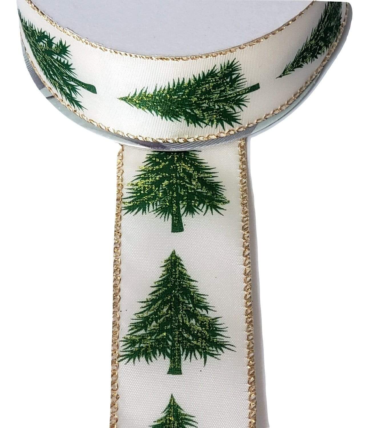 1.5 x 10 yds Cream Satin Ribbon with Christmas Trees, Wired Christmas  Ribbon