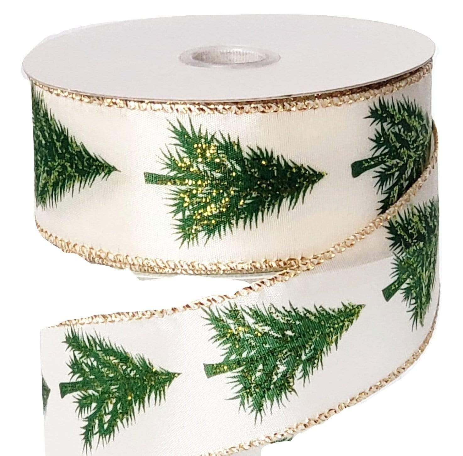 1.5 x 10 yds Cream Satin Ribbon with Christmas Trees, Wired Christmas Ribbon