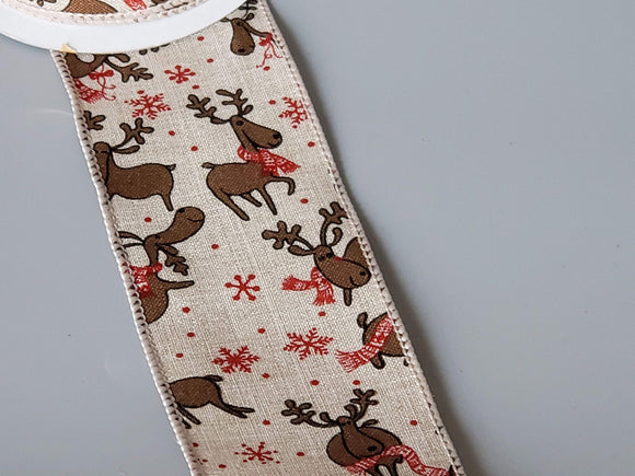 PerpetualRibbons Christmas Characters Wired Christmas Ribbon - 2.5 inch Cute Reindeer In Red Scarves & Red Snowflakes on Natural Linen Ribbon - 10 Yards