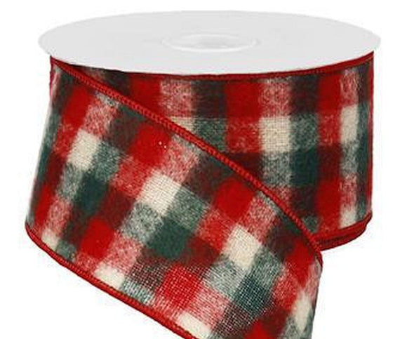 PerpetualRibbons Christmas Checks 2.5 inch Red, Cream & Green Flannel Buffalo Check Ribbon - 10 Yards
