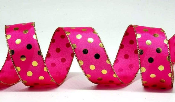 PerpetualRibbons Christmas Dots 1.5 inch Hot Pink Satin Ribbon with Gold Polka Dots - 5 Yards