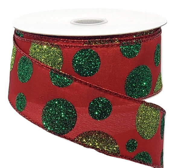 PerpetualRibbons Christmas Dots 1.5  inch Red Satin Ribbon with Emerald Green & Lime Green Glittered Dots - Wired Christmas Ribbon - 5 Yards