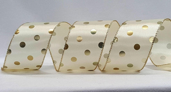 PerpetualRibbons Christmas Dots 2.5 inch Cream Satin Ribbon with Small Gold Polka Dots - 5 Yards
