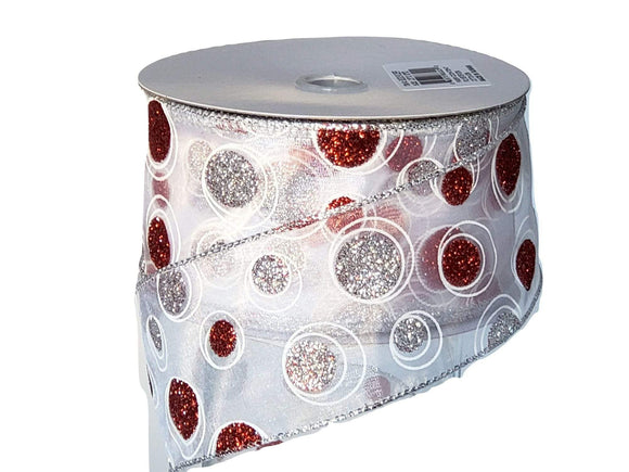 PerpetualRibbons Christmas Dots 2.5 inch Sheer White Ribbon with Red & Silver Glitter Dots - Wired Christmas Ribbon - 5 Yards