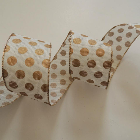 PerpetualRibbons Christmas Dots 2.5 inch Wired Cream Ribbon with Metallic Gold Dots - 5 Yards