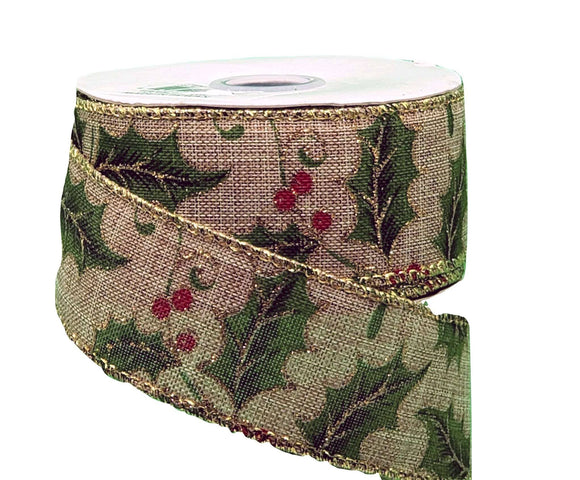 PerpetualRibbons Christmas Floral 1.5  inch Natural Linen With Holly Leaves & Berries - 5 yards