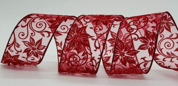 PerpetualRibbons Christmas Floral 10 Yards 2.5 inch Sheer Burgundy Ribbon with Red Poinsettias