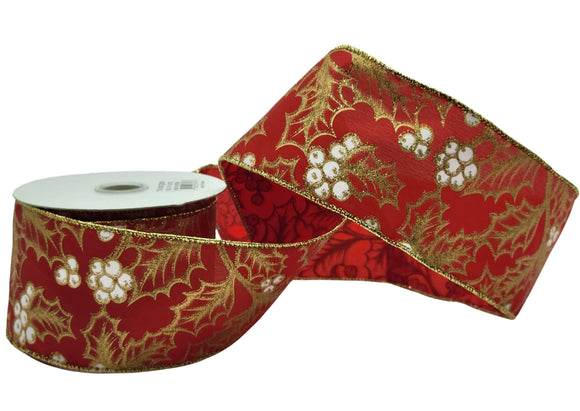 PerpetualRibbons Christmas Floral 2.5 inch Deep Red Wired Satin Ribbon featuring Gold Holly Leaves & White Holly Berries - 10 Yards