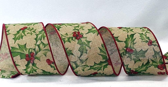 PerpetualRibbons Christmas Floral 2.5 inch Holly Berries on Natural Canvas Type Ribbon - 10 Yards