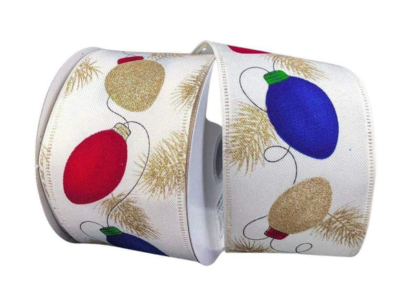 PerpetualRibbons Christmas Floral 2.5 inch Ivory Linen Ribbon with Red, Green, Blue and Glitter Gold Retro Christmas Lights 10 Yards Wired Holly Christmas Ribbon | Perpetual Ribbons