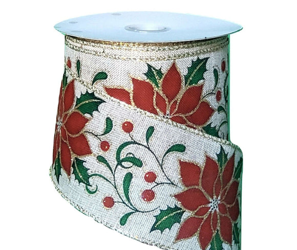 PerpetualRibbons Christmas Floral 2.5 inch Light Natural Wired Canvas with Pretty Poinsettias outlined in Gold - 10 Yards