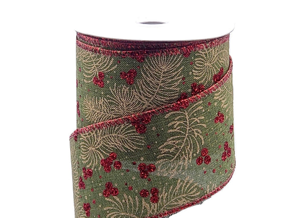 PerpetualRibbons Christmas Floral 2.5 inch Moss Green Canvas Ribbon Featuring Gold Pine Needles & Red Glitter Berries - 10 Yards