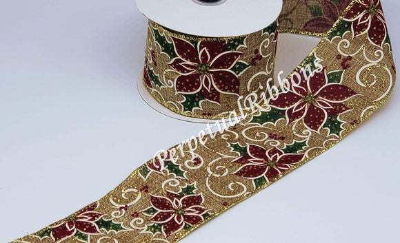 PerpetualRibbons Christmas Floral 2.5 inch Natural Canvas Ribbon with Glittered Burgundy Poinsettias - 5 Yards