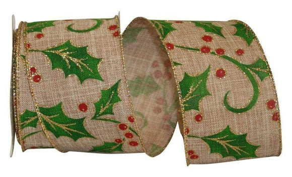 PerpetualRibbons Christmas Floral 2.5  inch Natural Linen With Holly Leaves & Berries - 5 yards