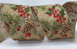 PerpetualRibbons Christmas Floral 2.5 inch Natural Ribbon featuring Pine Needles, Cones, Holly Berries & Leaves - 5 yards