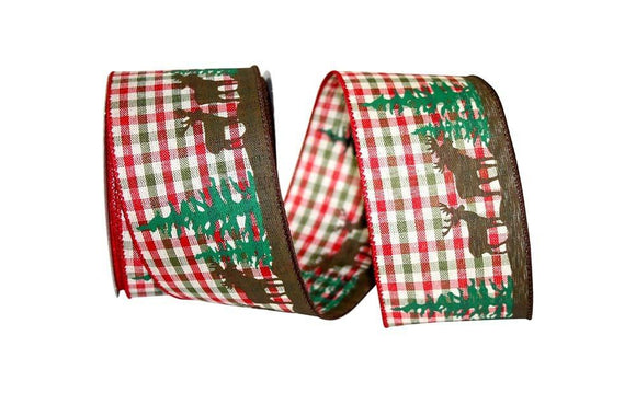 PerpetualRibbons Christmas Floral 2.5 inch Red, Green and Tan Gingham Ribbon - 10 Yards