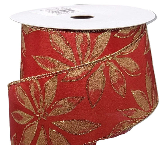 PerpetualRibbons Christmas Floral 2.5 inch Red Wired Satin Ribbon featuring Gold Glitter Poinsettias - 5 Yards