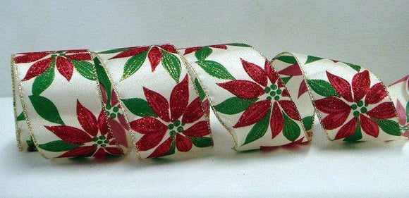 PerpetualRibbons Christmas Floral 2.5 inch White Wired Satin Ribbon featuring Red Glitter Poinsettias - 5 Yards