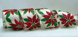 PerpetualRibbons Christmas Floral 2.5 inch White Wired Satin Ribbon featuring Red Glitter Poinsettias - 5 Yards