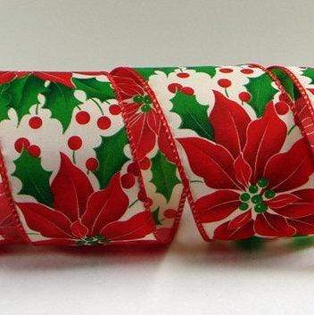 PerpetualRibbons Christmas Floral 2.5 inch Wired Creamy Satin Ribbon Featuring Red Poinsettias - 5 Yards