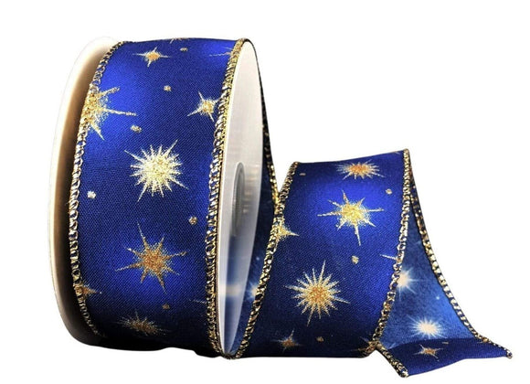 PerpetualRibbons Christmas Glitter 1.5  inch Royal & Navy Blue Satin Ribbon with Shiny Gold Stars - Wired Christmas Ribbon - 10 Yards