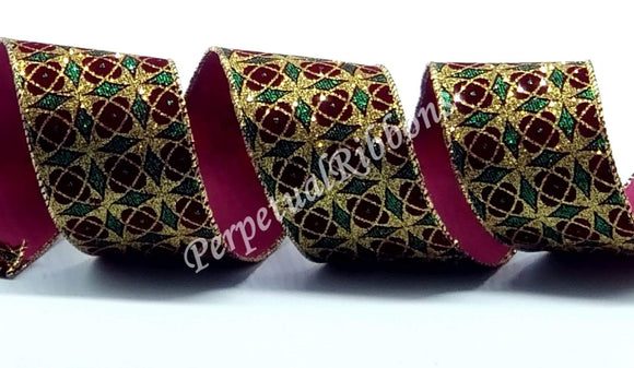PerpetualRibbons Christmas Glitter 2.5 inch Burgundy, Green & Gold Stained Glass Glitter Ribbon - 10 Yards