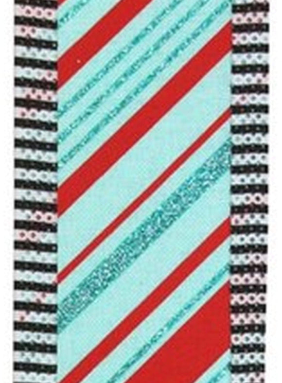 PerpetualRibbons Christmas Glitter 2.5 inch Ice Blue Canvas Ribbon with Red and Ice Blue Peppermint Glitter Stripes of Various Sizes - Wired Christmas Ribbon