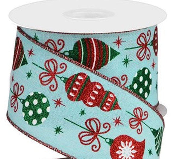 PerpetualRibbons Christmas Glitter 2.5 inch Ice Blue Canvas with Red, White & Green Glitter Vintage Ornaments - Wired Christmas Ribbon - 10 Yards
