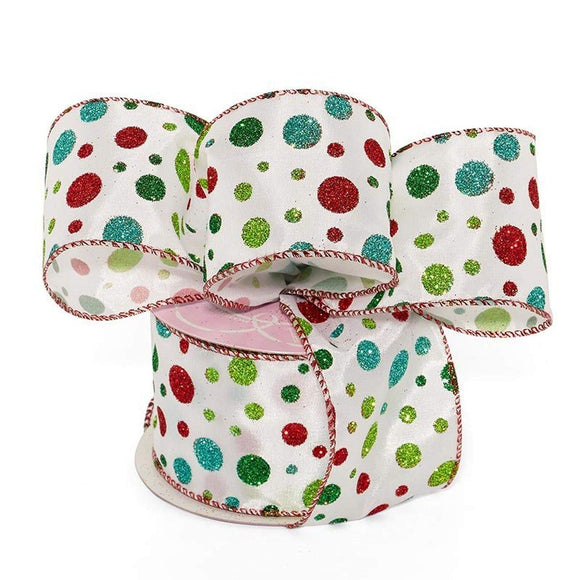 PerpetualRibbons Christmas Glitter 2.5 inch Red, Lime Green and Teal Green Glitter Polka Dot Christmas Ribbon
