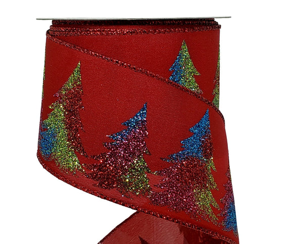 PerpetualRibbons Christmas Glitter 2.5  inch Red Satin Wired Ribbon with Colorful Glittered Christmas Trees - 5 Yards