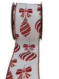 PerpetualRibbons Christmas Glitter 2.5 inch White Pinstriped Satin with Red & White Glitter Ornaments & Bows - Wired Christmas Ribbon - 10 Yards