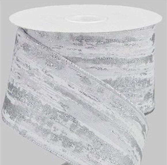 PerpetualRibbons Christmas Glitter 2.5 inch White & Silver Metallic Streaks Glitter Ribbon with Silver Edges - 10 Yards