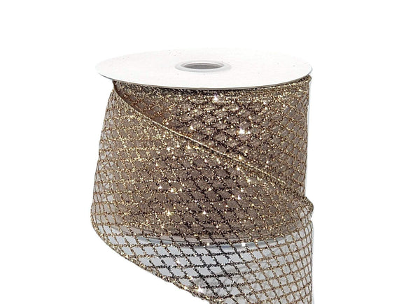 PerpetualRibbons Christmas Glitter 2.5 inch Wired Gold Glitter Diamond Cut Ribbon - Wired Christmas Ribbon - 5 Yards