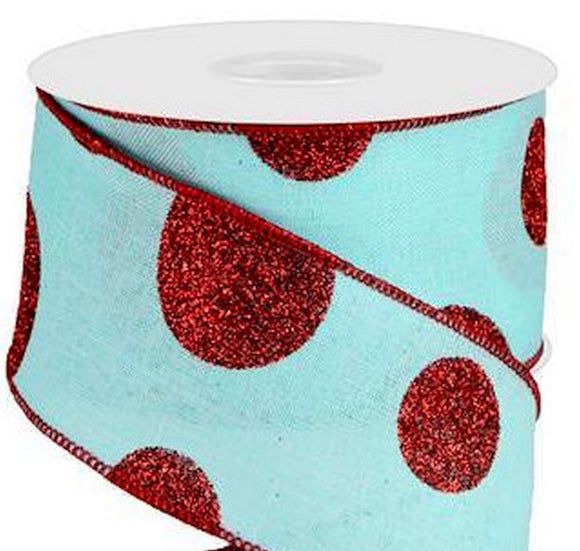 PerpetualRibbons Christmas Glitter 2.5 inch Wired Ice Blue Canvas Ribbon with Large Red Glitter Dots -  10 Yards