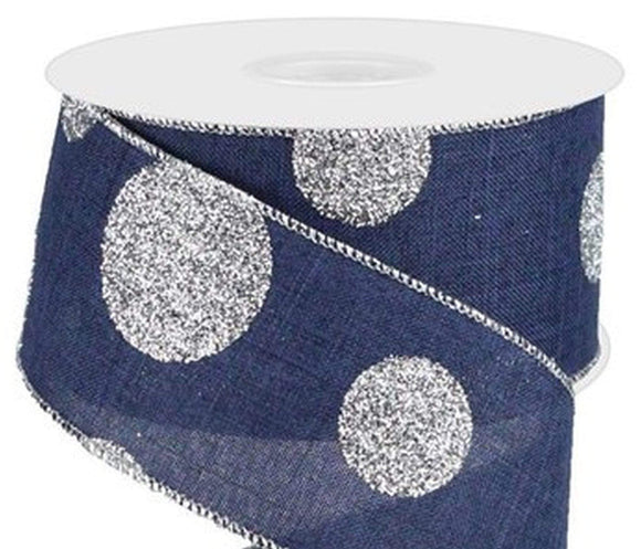 PerpetualRibbons Christmas Glitter 2.5 inch Wired Navy Blue Canvas Ribbon with Large Silver Glitter Dots -  10 Yards