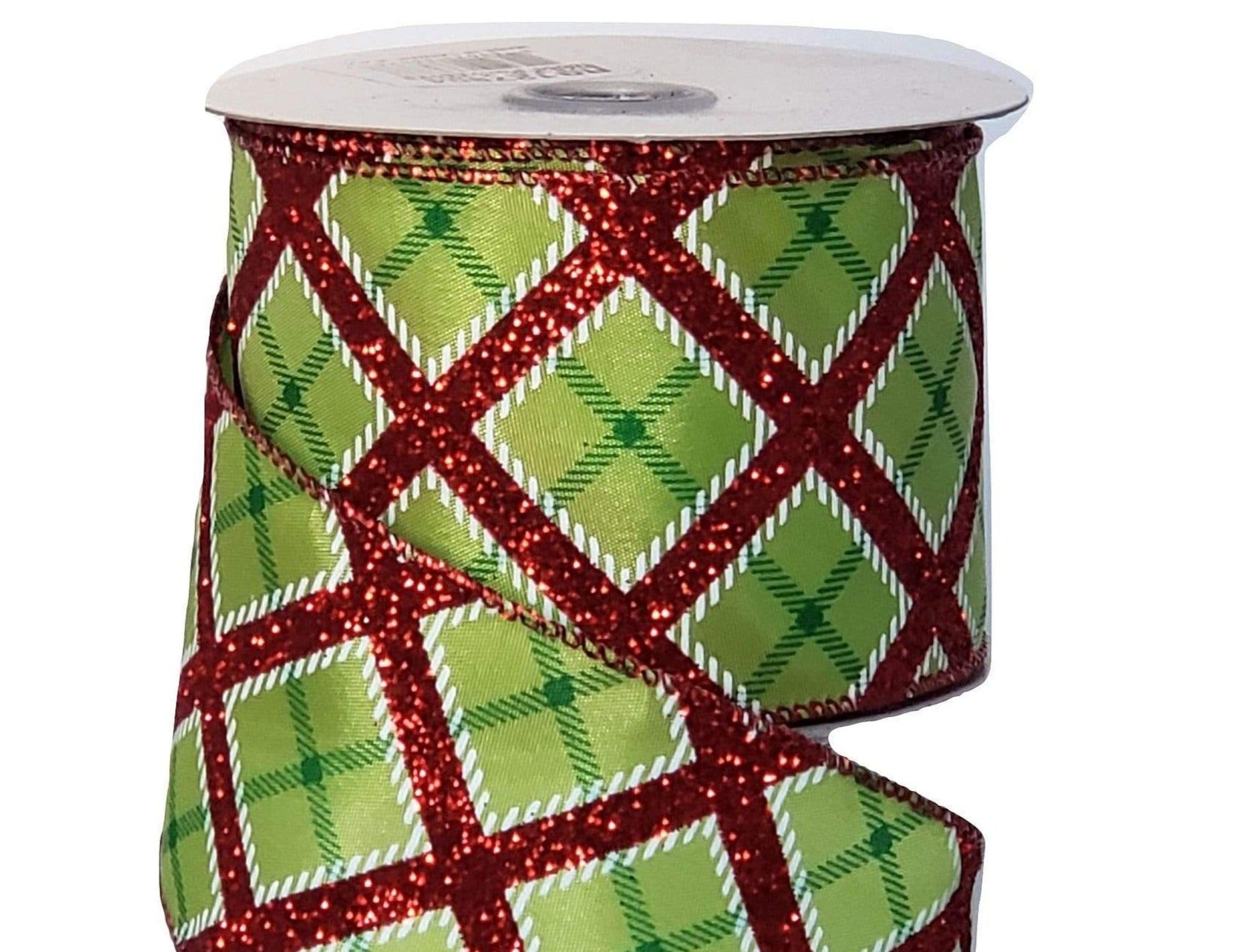 1.5 or 2.5 x 10 yds Lime Green & White Ribbon with Red Glittered Dia –  Perpetual Ribbons