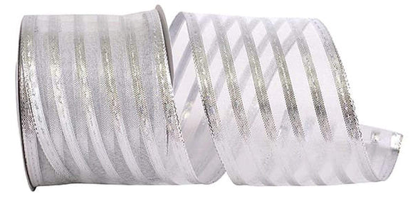PerpetualRibbons Christmas Glitter Wired Christmas Ribbon - 2.5 inch Sheer Ribbon with Horizontal Metallic Silver Stripes - 10 Yards