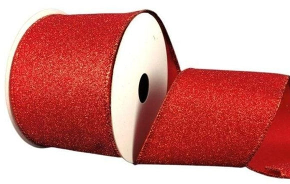 PerpetualRibbons Christmas Glitter Wired Glitter Ribbon - 2.5 inch Red Iridescent Glitter Ribbon - Non Shedding Glitter
