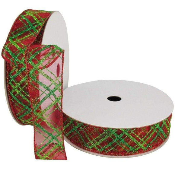 PerpetualRibbons Christmas Plaid 1.5  inch Wired Red Sheer Ribbon - 5 Yards