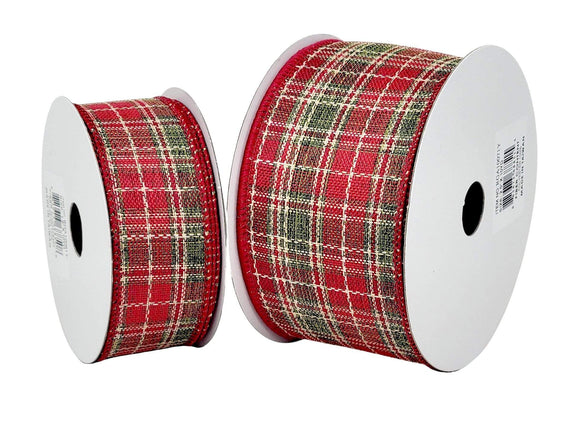 PerpetualRibbons Christmas Plaid 1.5 or 2.5 inch Cream, Cranberry, Red & Green Plaid Textured Ribbon - Wired Christmas Plaid Ribbon - 10 Yards