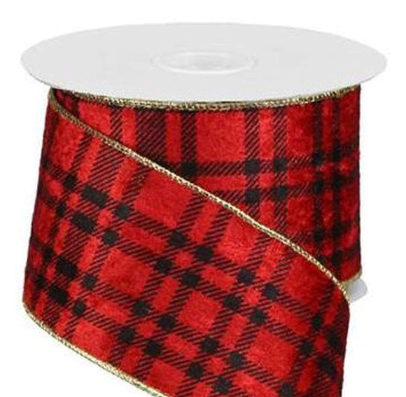 PerpetualRibbons Christmas Plaid 2.5 inch Red & Black Plaid Christmas Ribbon with Gold Lame Back - Luxe Christmas Ribbon - 10 Yards