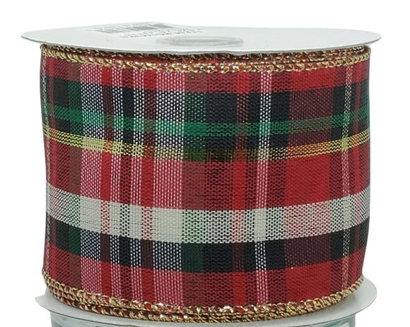 PerpetualRibbons Christmas Plaid 2.5 inch Red, Green, White, Gold & Black Wired Plaid Christmas Ribbon - 5 Yards