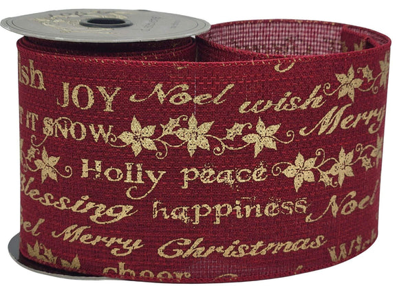 PerpetualRibbons Christmas Plaid 4 inch Red Tweed Type Burlap Ribbon with Christmas Words Written in Gold - Wired Christmas Ribbon - 5 Yards