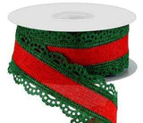 PerpetualRibbons Christmas Solids 1.5 1.5 or 2.5 inch Solid Red Canvas Ribbon with Emerald Green Scalloped Edges - Christmas Ribbon