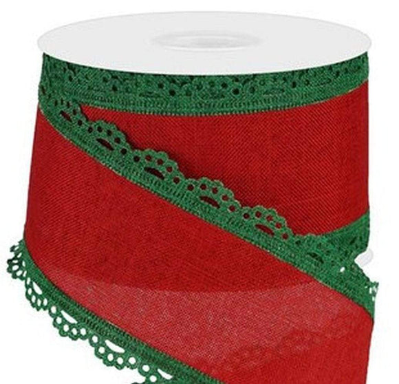PerpetualRibbons Christmas Solids 2.5 1.5 or 2.5 inch Solid Red Canvas Ribbon with Emerald Green Scalloped Edges - Christmas Ribbon