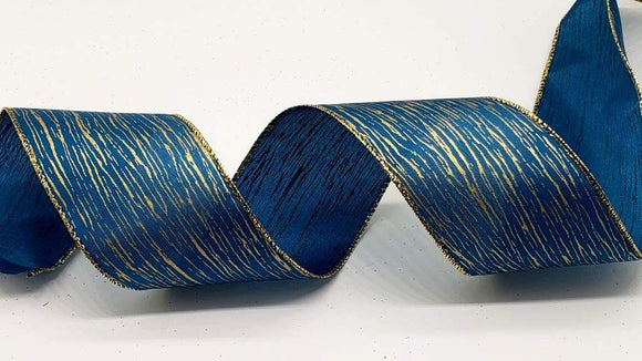 PerpetualRibbons Christmas Solids 2.5 inch Wired Bering Sea Blue Ribbon with Gold Veins & Gold Wired Edges - 5 Yards