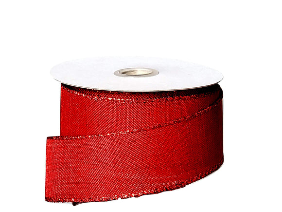 PerpetualRibbons Christmas Solids Wired Christmas Ribbon - 1.5 inch Solid Red Canvas Ribbon with Metallic Red Threaded Edges - 5 Yards