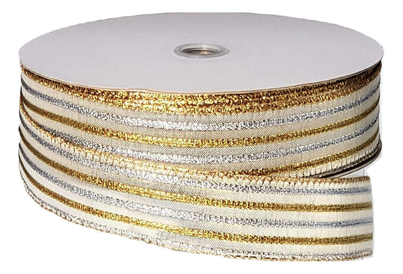 PerpetualRibbons Christmas Stripes 1.5 inch Silver & Gold Vertical Stripes on Cream Satin Ribbon - Wired Christmas Ribbon - 5 Yards