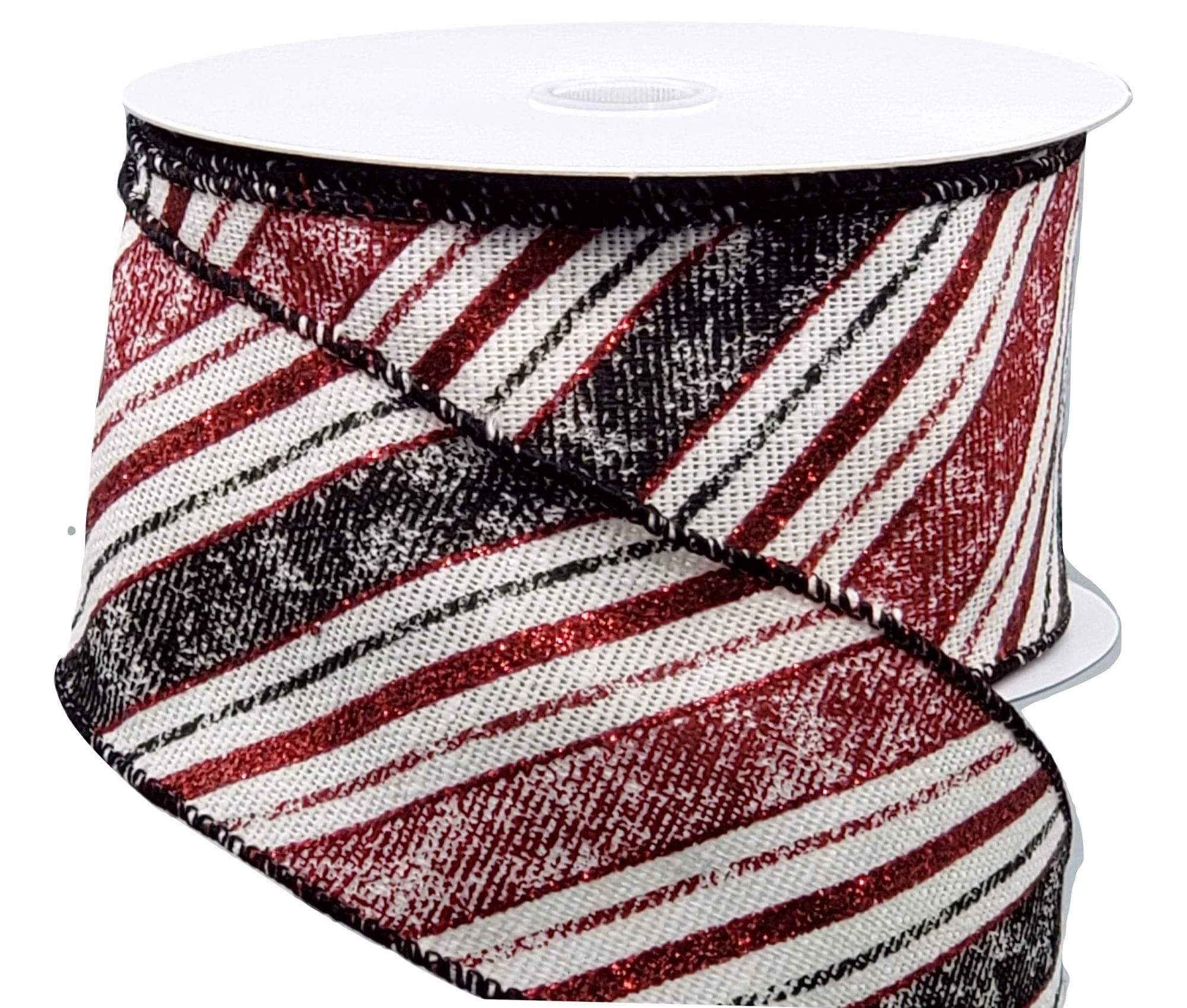 2.5 Red White Glitter Thick Stripe Satin Wired Ribbon on a 10 Yard Roll