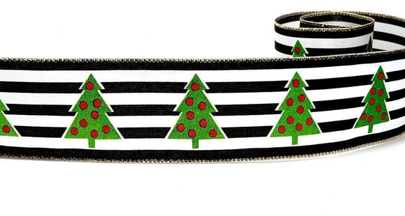 PerpetualRibbons Christmas Stripes 2.5 inch Black & White Horizontal Striped Satin Ribbon with Green Christmas Trees - 5 Yards
